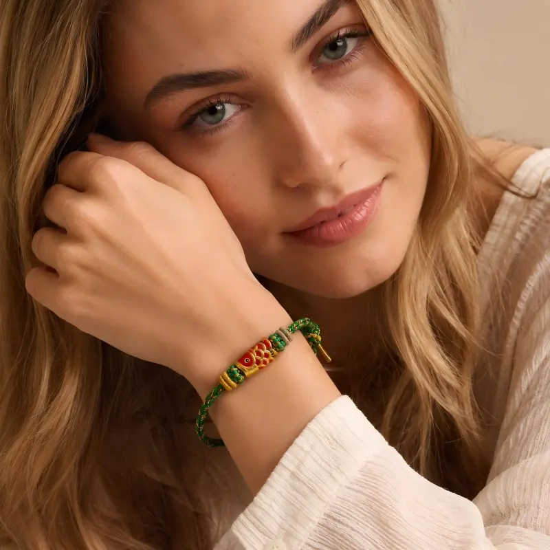 Hand-Braided Green Cord Bracelet with Colorful Koi Fish Charm