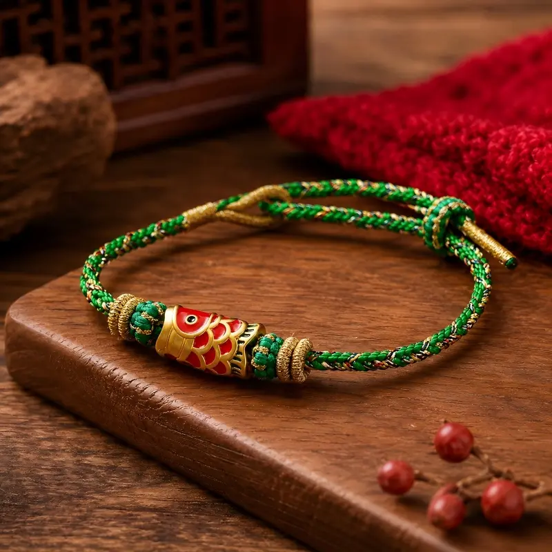 Hand-Braided Green Cord Bracelet with Colorful Koi Fish Charm