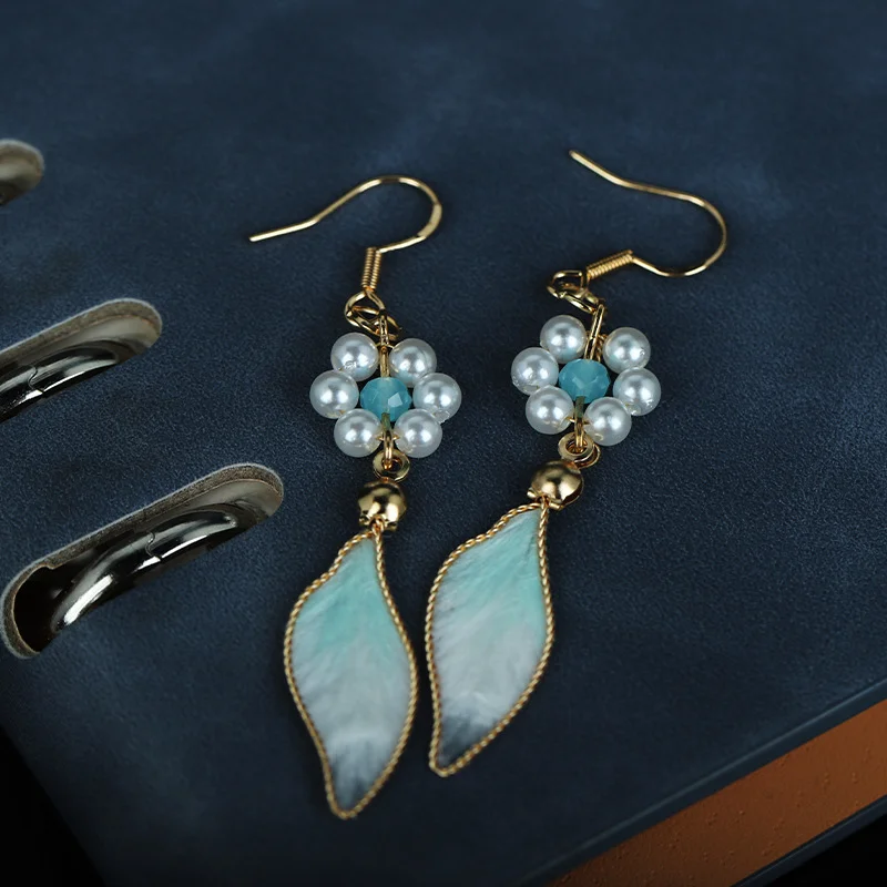 Handcrafted Ronghua Leaf & Shell Pearl Flower Earrings – Growth & Renewal Blessings