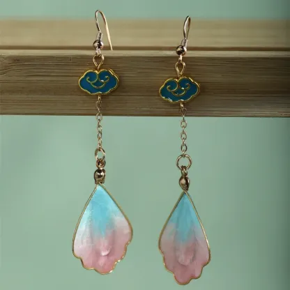 Handcrafted Silk Art Petal Good Fortune Blessing Dangle Hook Earrings