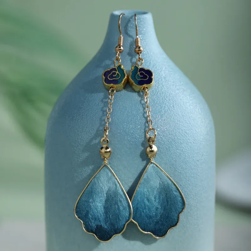Handcrafted Silk Art Petal Good Fortune Blessing Dangle Hook Earrings