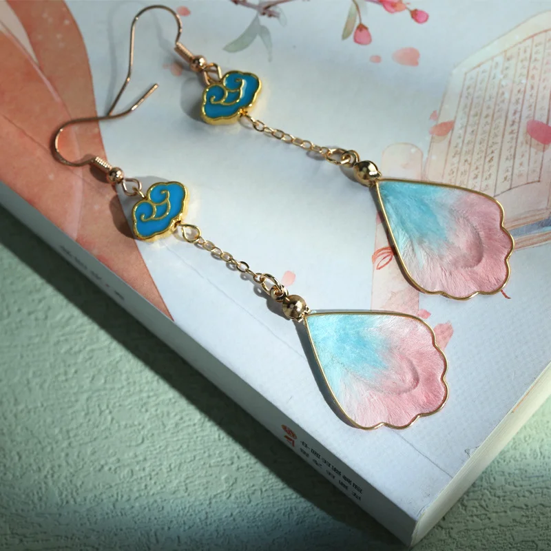 Handcrafted Silk Art Petal Good Fortune Blessing Dangle Hook Earrings