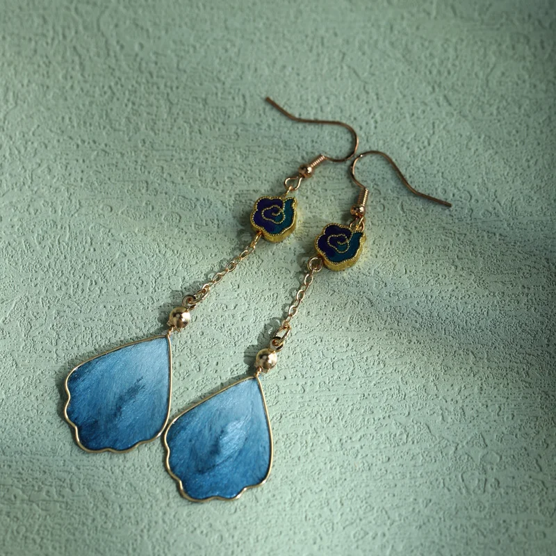Handcrafted Silk Art Petal Good Fortune Blessing Dangle Hook Earrings