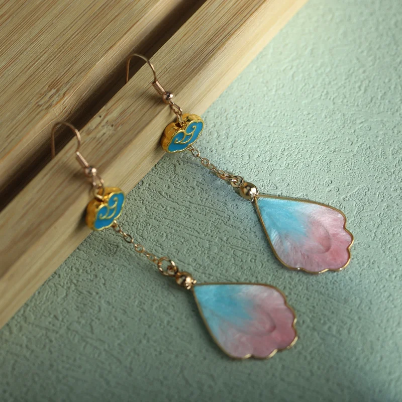 Handcrafted Silk Art Petal Good Fortune Blessing Dangle Hook Earrings