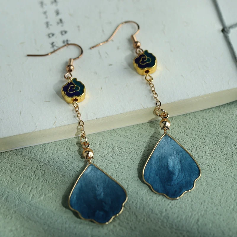 Handcrafted Silk Art Petal Good Fortune Blessing Dangle Hook Earrings