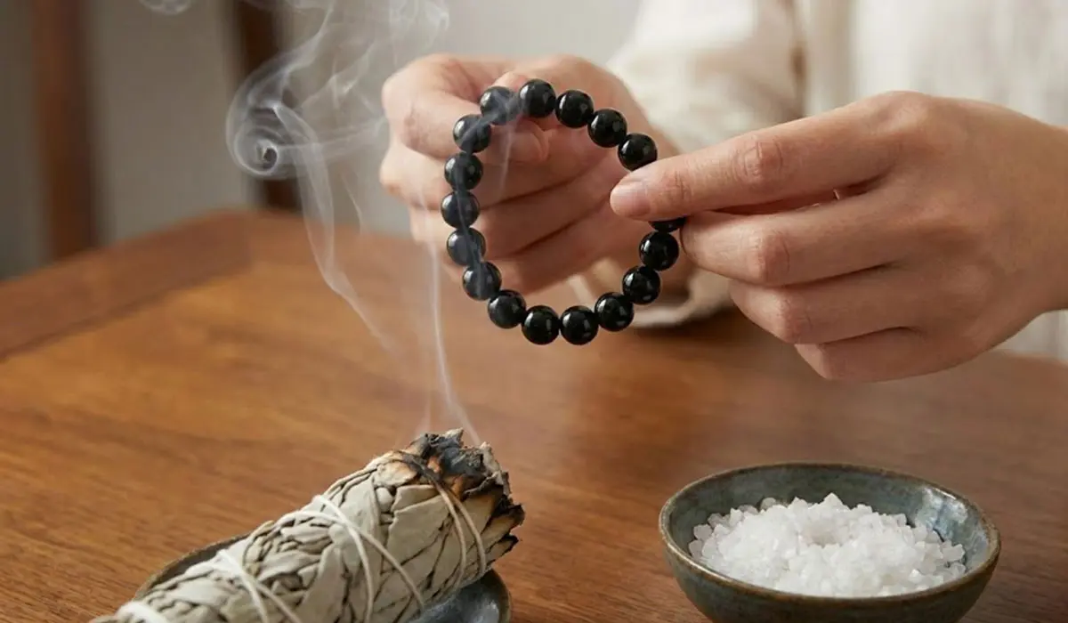 Hands holding a black obsidian bracelet over the smoke of burning sage for a cleansing ritual.