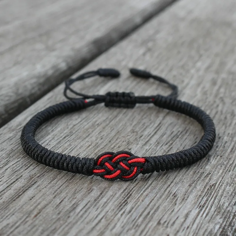 Handwoven Chinese Love Knot Bracelet – Adjustable Red & Black Lucky Cord Jewelry