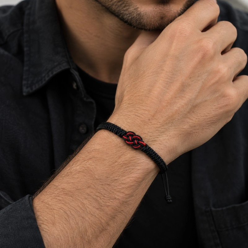 Handwoven Chinese Love Knot Bracelet – Adjustable Red & Black Lucky Cord Jewelry