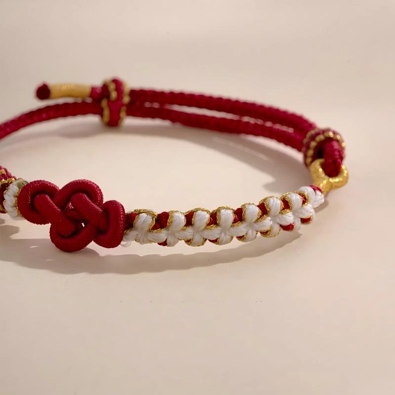 Handwoven Red & White Peach Blossom Ruyi Knot Bracelet – Chinese Lucky Cord Jewelry