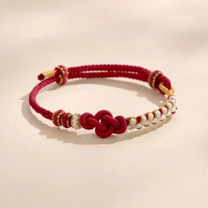 Handwoven Red & White Peach Blossom Ruyi Knot Bracelet – Chinese Lucky Cord Jewelry