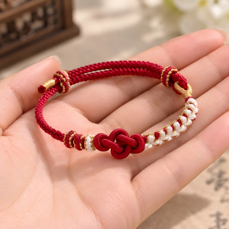 Handwoven Red & White Peach Blossom Ruyi Knot Bracelet – Chinese Lucky Cord Jewelry
