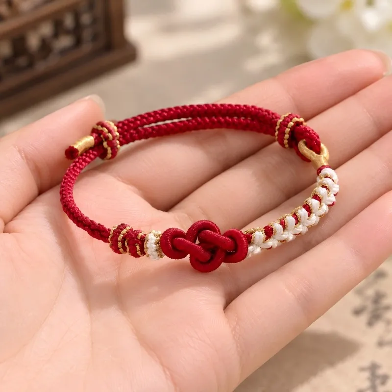 Handwoven Red & White Peach Blossom Ruyi Knot Bracelet – Chinese Lucky Cord Jewelry