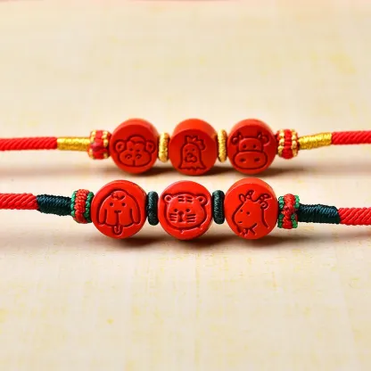 Horse Zodiac Cinnabar Red String Waist Chain with Tiger Dog and Goat Beads