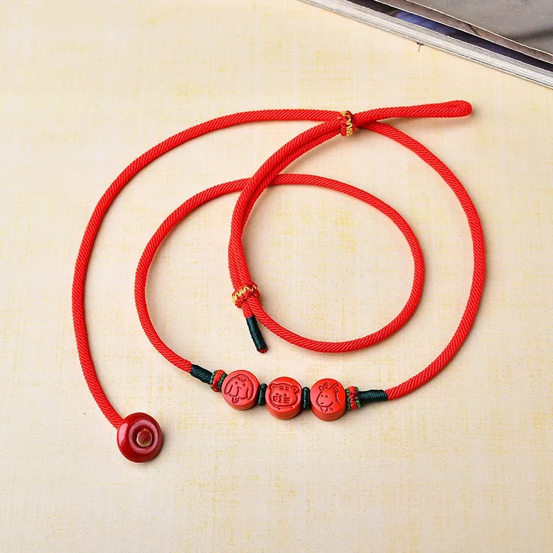 Horse Zodiac Cinnabar Red String Waist Chain with Tiger Dog and Goat Beads