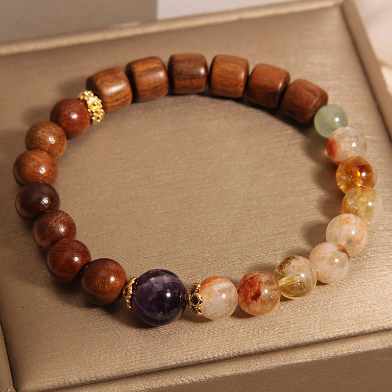 Huanghuali and Sandalwood Bracelet with Yellow Quartz and Amethyst – Natural Wood Crystal Beaded Bracelet