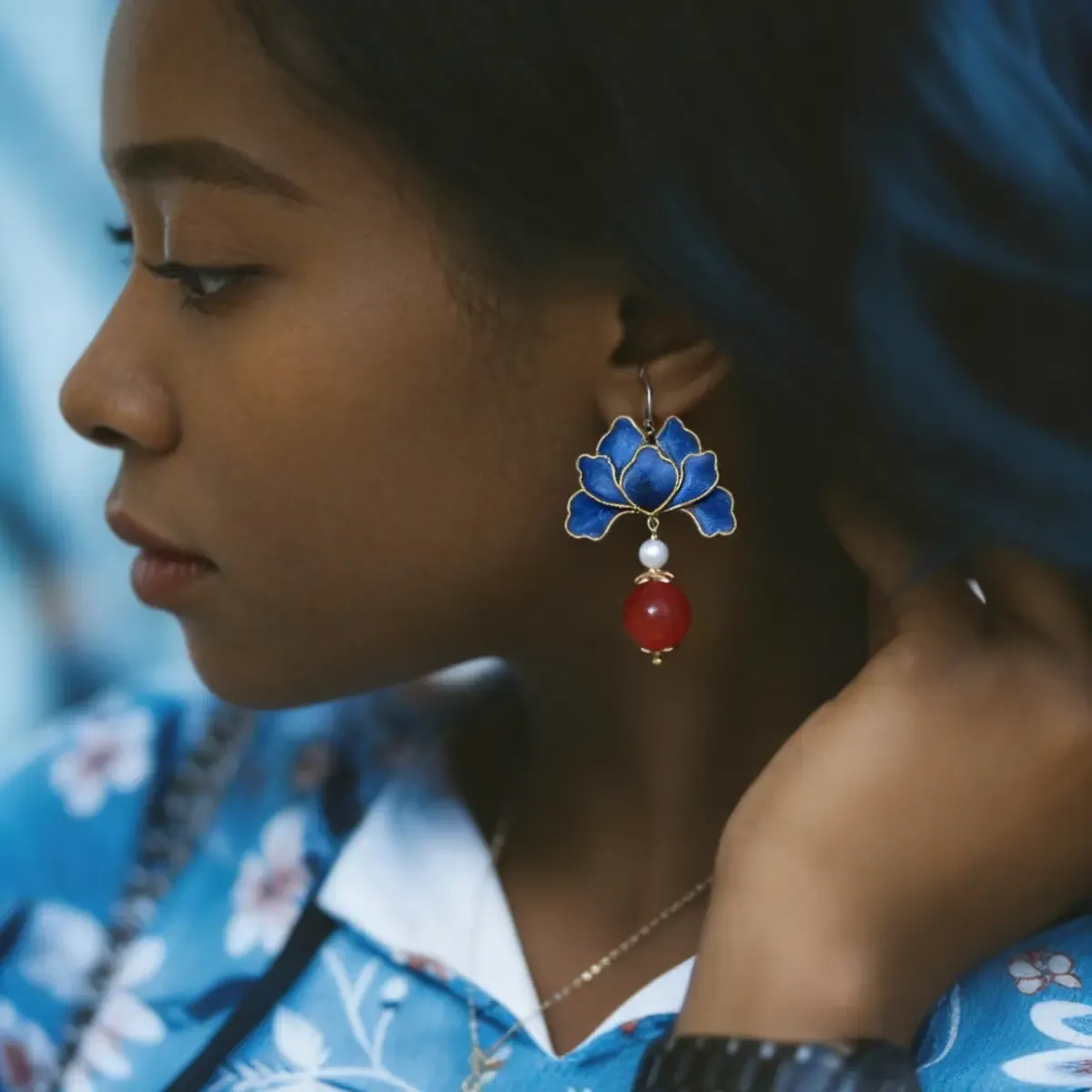 Imperial Azure Blossom Mulberry Silk & Agate Earrings