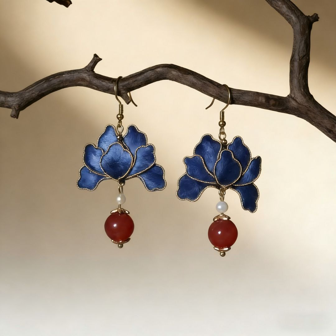 Imperial Azure Blossom Mulberry Silk & Agate Earrings