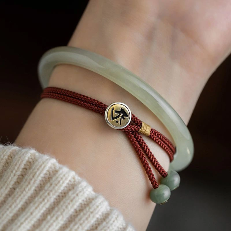 Chinese Zodiac Imitation Silver Button Braided Red Cord Bracelet for Women – Protection, Good Fortune & Auspicious Guidance