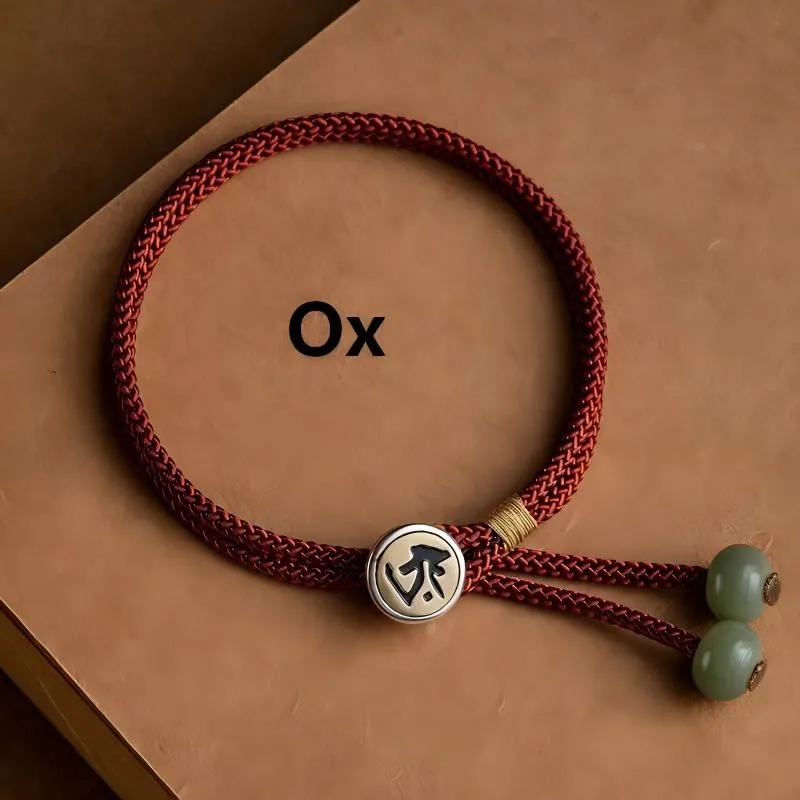Chinese Zodiac Imitation Silver Button Braided Red Cord Bracelet for Women – Protection, Good Fortune & Auspicious Guidance