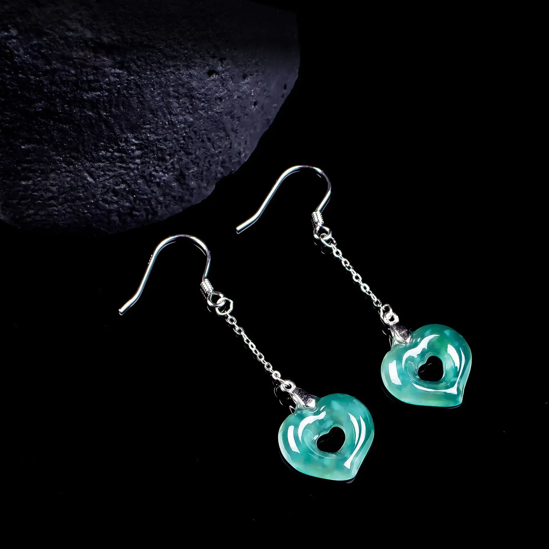 Jade Heart Earrings - 925 Silver Inlaid Natural High-Ice Jadeite for Inner Serenity & Timeless Elegance