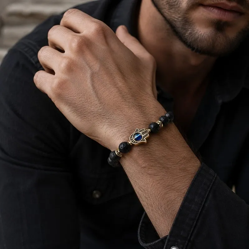 Lava Stone Hamsa Evil Eye Bracelet – Grounding, Protection & Inner Strength