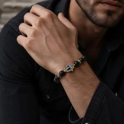 Lava Stone Hamsa Evil Eye Bracelet – Grounding, Protection & Inner Strength