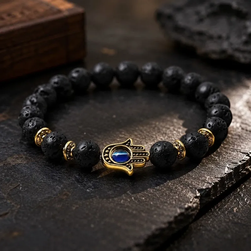 Lava Stone Hamsa Evil Eye Bracelet – Grounding, Protection & Inner Strength