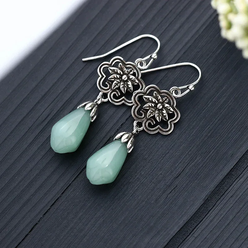 Magnolia Flower Jade Water Drop Prosperity Dangle Earrings