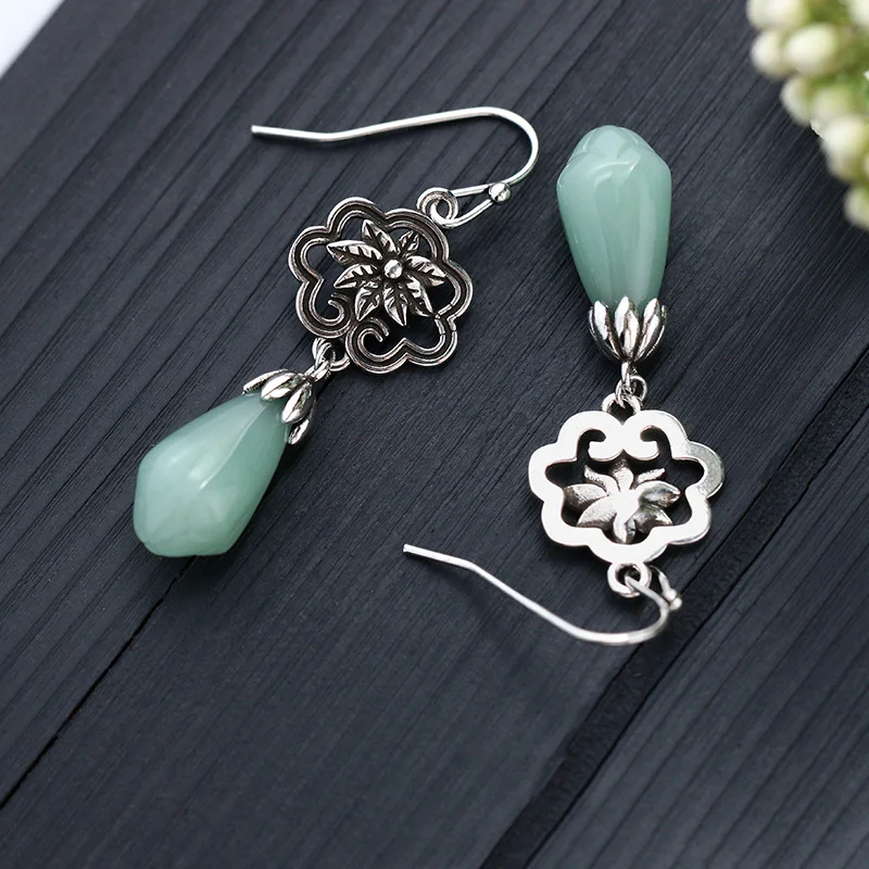 Magnolia Flower Jade Water Drop Prosperity Dangle Earrings