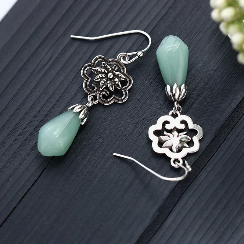 Magnolia Flower Jade Water Drop Prosperity Dangle Earrings
