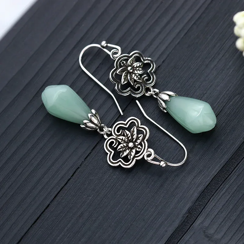 Magnolia Flower Jade Water Drop Prosperity Dangle Earrings