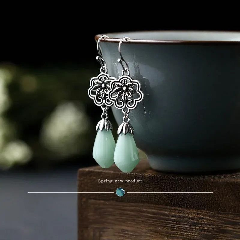 Magnolia Flower Jade Water Drop Prosperity Dangle Earrings