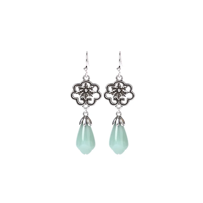 Magnolia Flower Jade Water Drop Prosperity Dangle Earrings