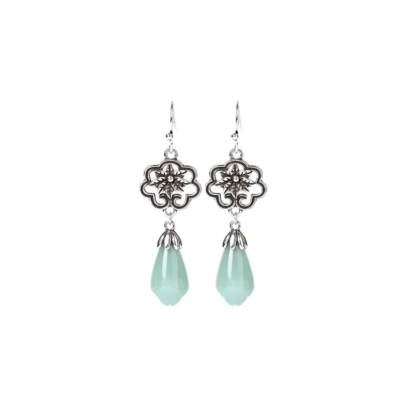 Magnolia Flower Jade Water Drop Prosperity Dangle Earrings