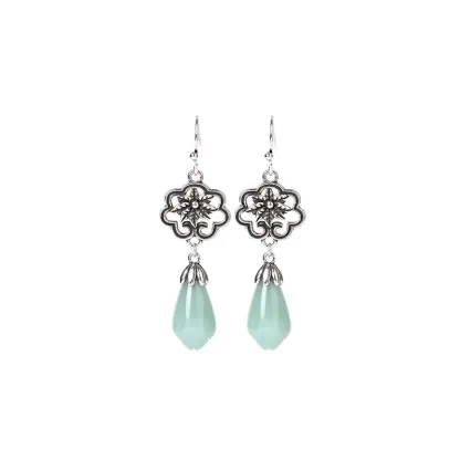 Magnolia Flower Jade Water Drop Prosperity Dangle Earrings