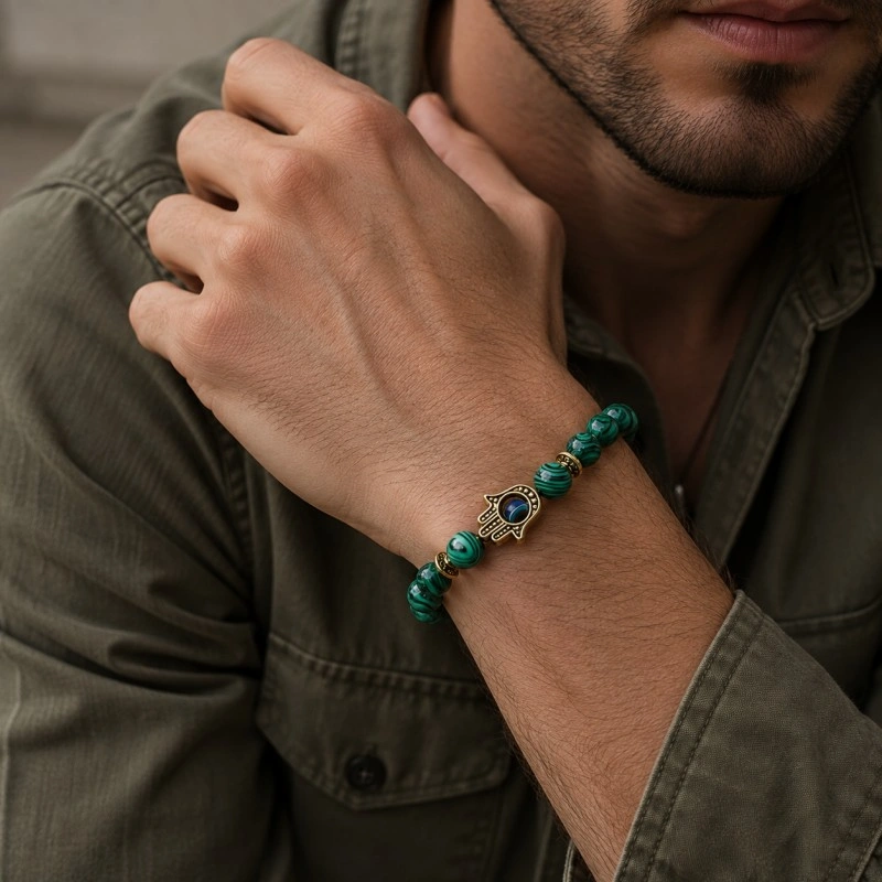 Malachite Hamsa Evil Eye Bracelet – Transformation, Balance & Protection
