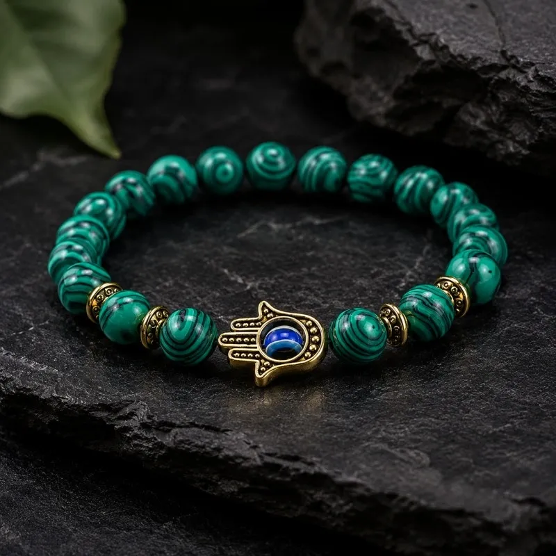 Malachite Hamsa Evil Eye Bracelet – Transformation, Balance & Protection