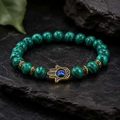 Malachite Hamsa Evil Eye Bracelet – Transformation, Balance & Protection