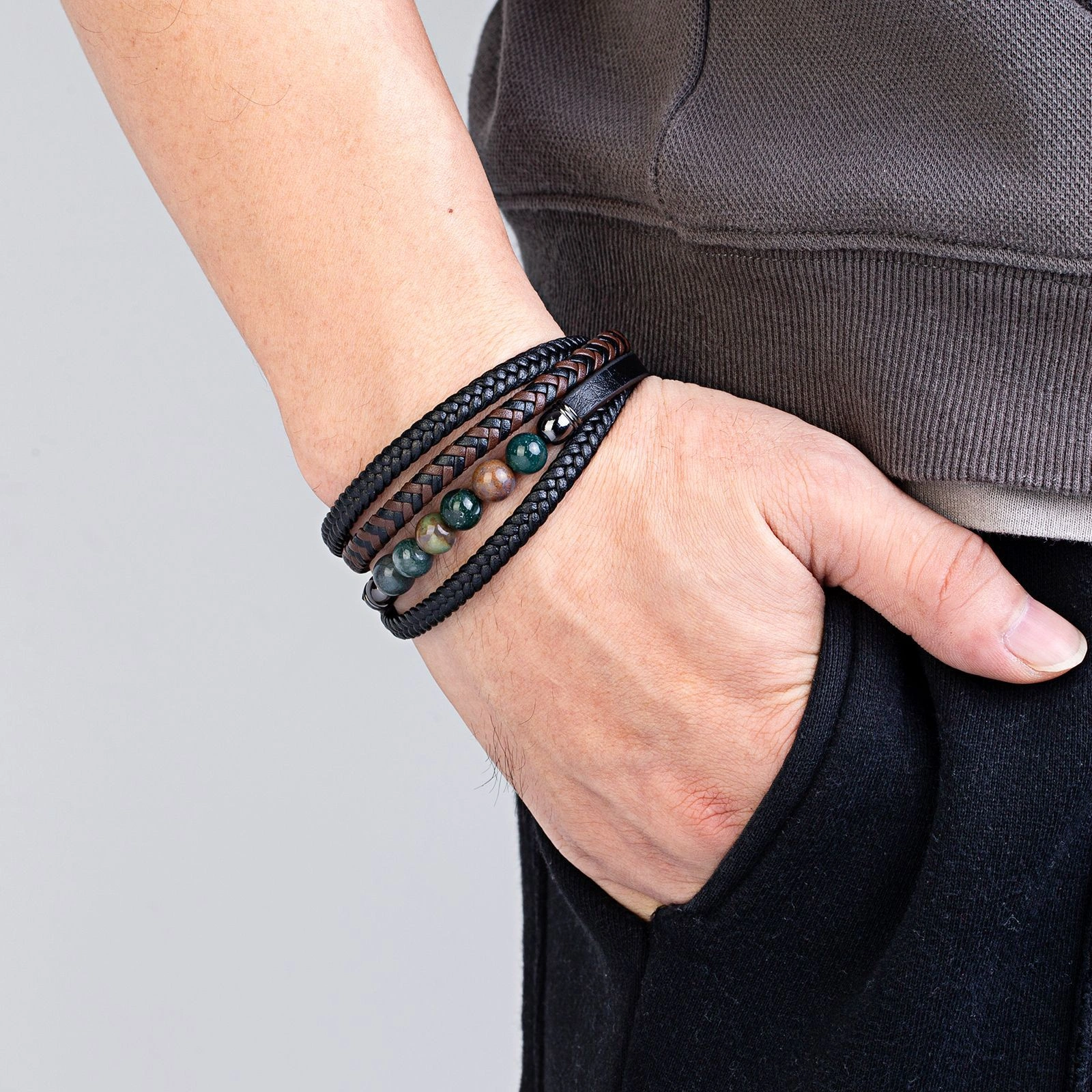 Men's Braided Leather & Natural Stone Bracelet – Stainless Steel Clasp, Stackable & Stylish