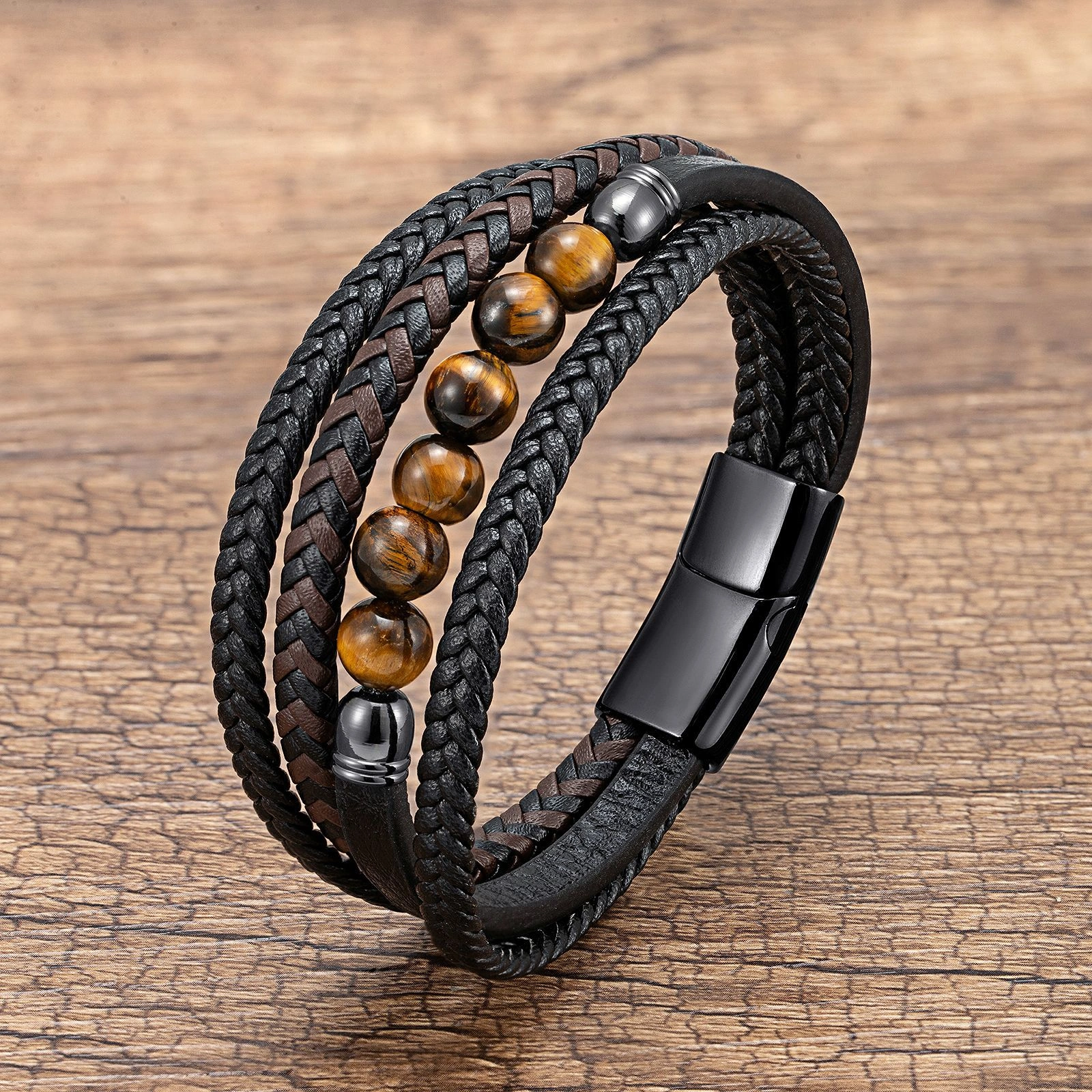 Men's Braided Leather & Natural Stone Bracelet – Stainless Steel Clasp, Stackable & Stylish