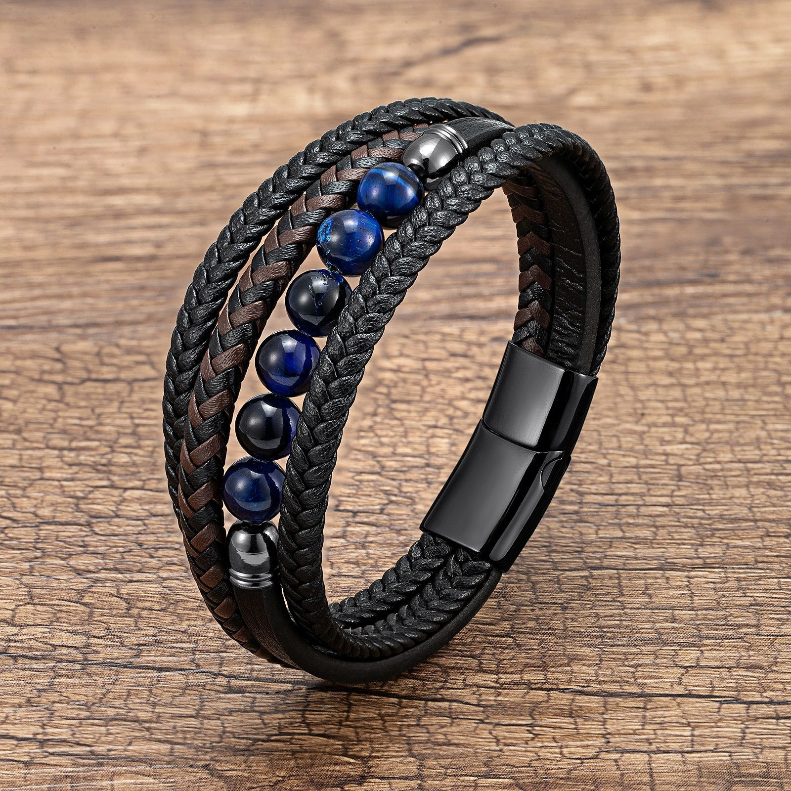 Men's Braided Leather & Natural Stone Bracelet – Stainless Steel Clasp, Stackable & Stylish