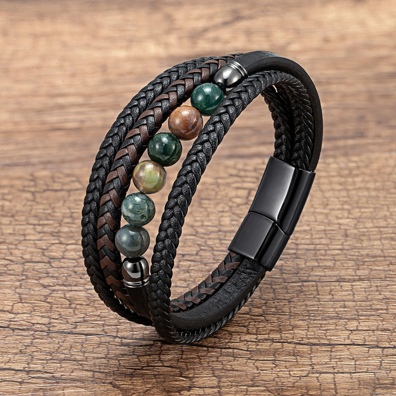Men's Braided Leather & Natural Stone Bracelet – Stainless Steel Clasp, Stackable & Stylish