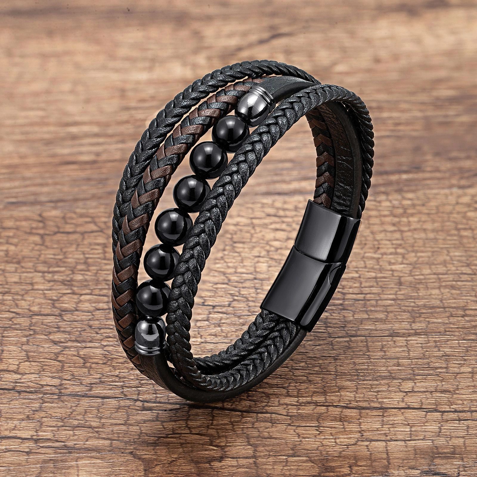 Men's Braided Leather & Natural Stone Bracelet – Stainless Steel Clasp, Stackable & Stylish