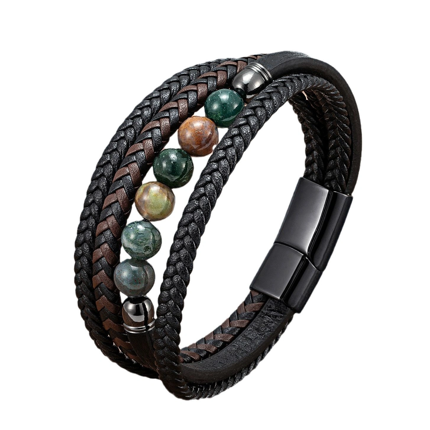 Men's Braided Leather & Natural Stone Bracelet – Stainless Steel Clasp, Stackable & Stylish