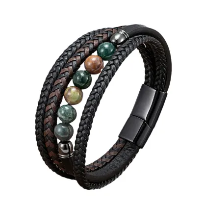 Men's Braided Leather & Natural Stone Bracelet – Stainless Steel Clasp, Stackable & Stylish