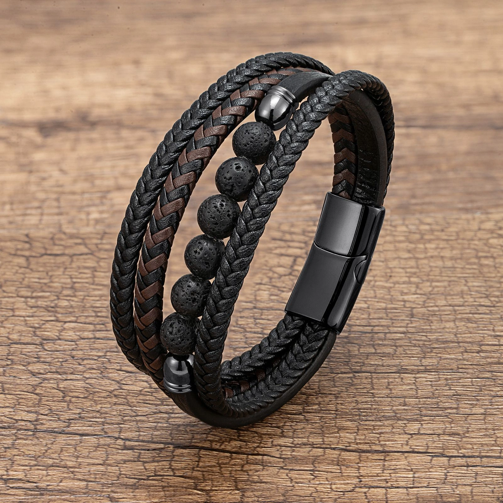 Men's Braided Leather & Natural Stone Bracelet – Stainless Steel Clasp, Stackable & Stylish