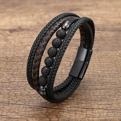 Men's Braided Leather & Natural Stone Bracelet – Stainless Steel Clasp, Stackable & Stylish