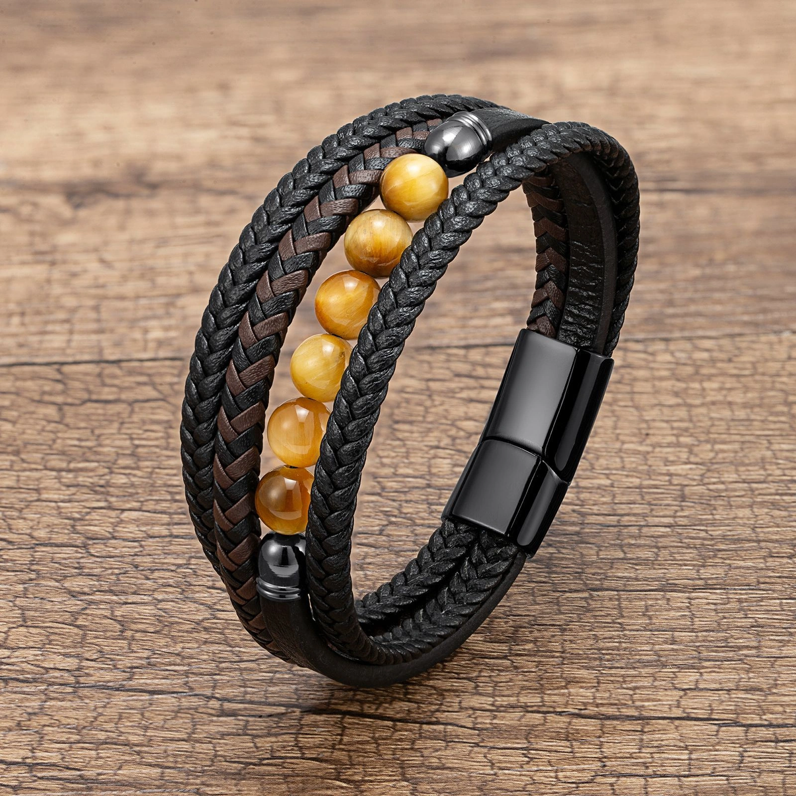 Men's Braided Leather & Natural Stone Bracelet – Stainless Steel Clasp, Stackable & Stylish