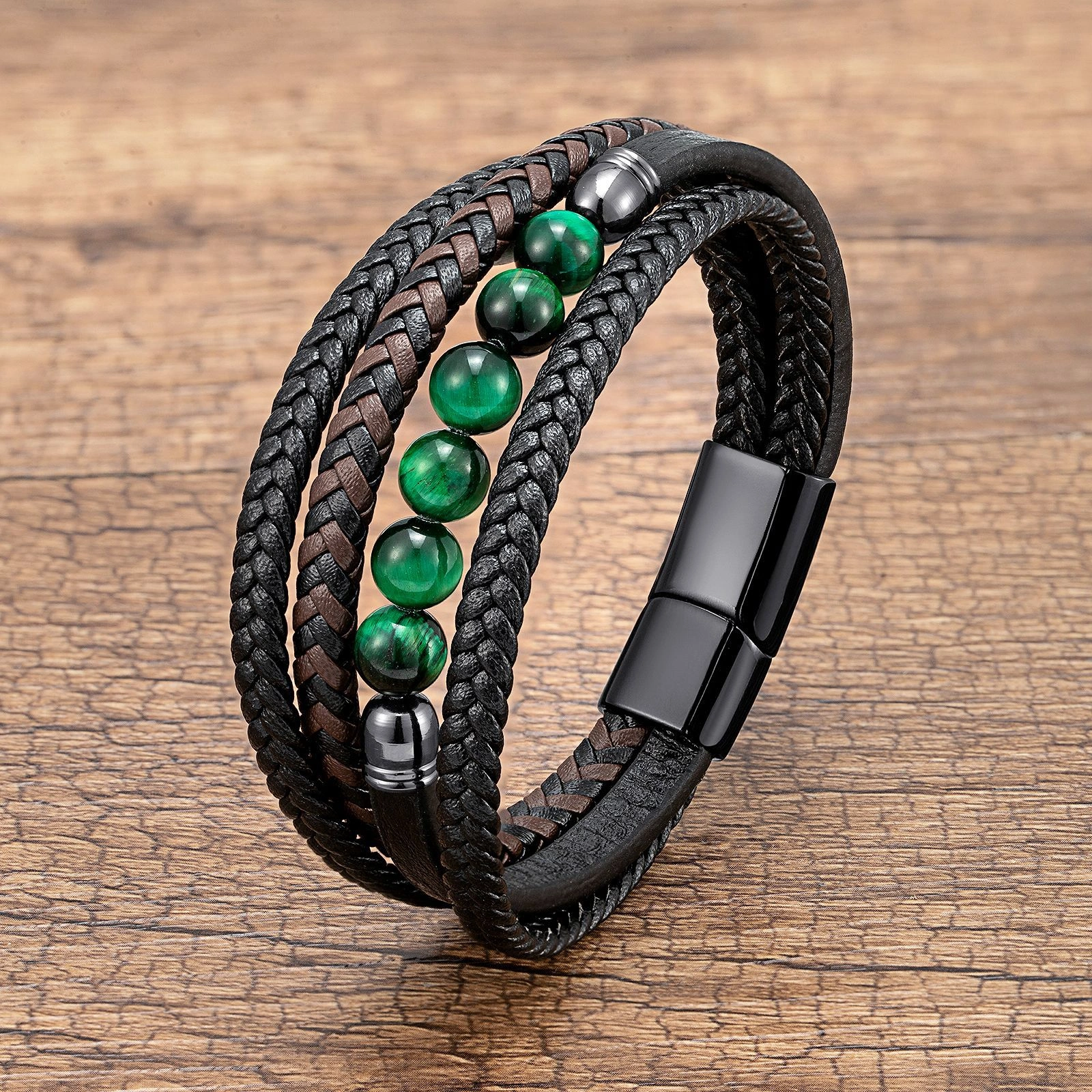 Men's Braided Leather & Natural Stone Bracelet – Stainless Steel Clasp, Stackable & Stylish