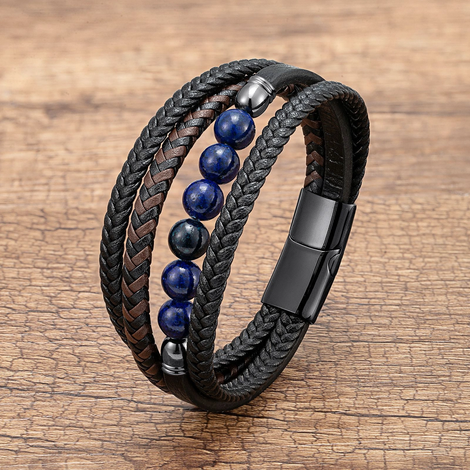 Men's Braided Leather & Natural Stone Bracelet – Stainless Steel Clasp, Stackable & Stylish